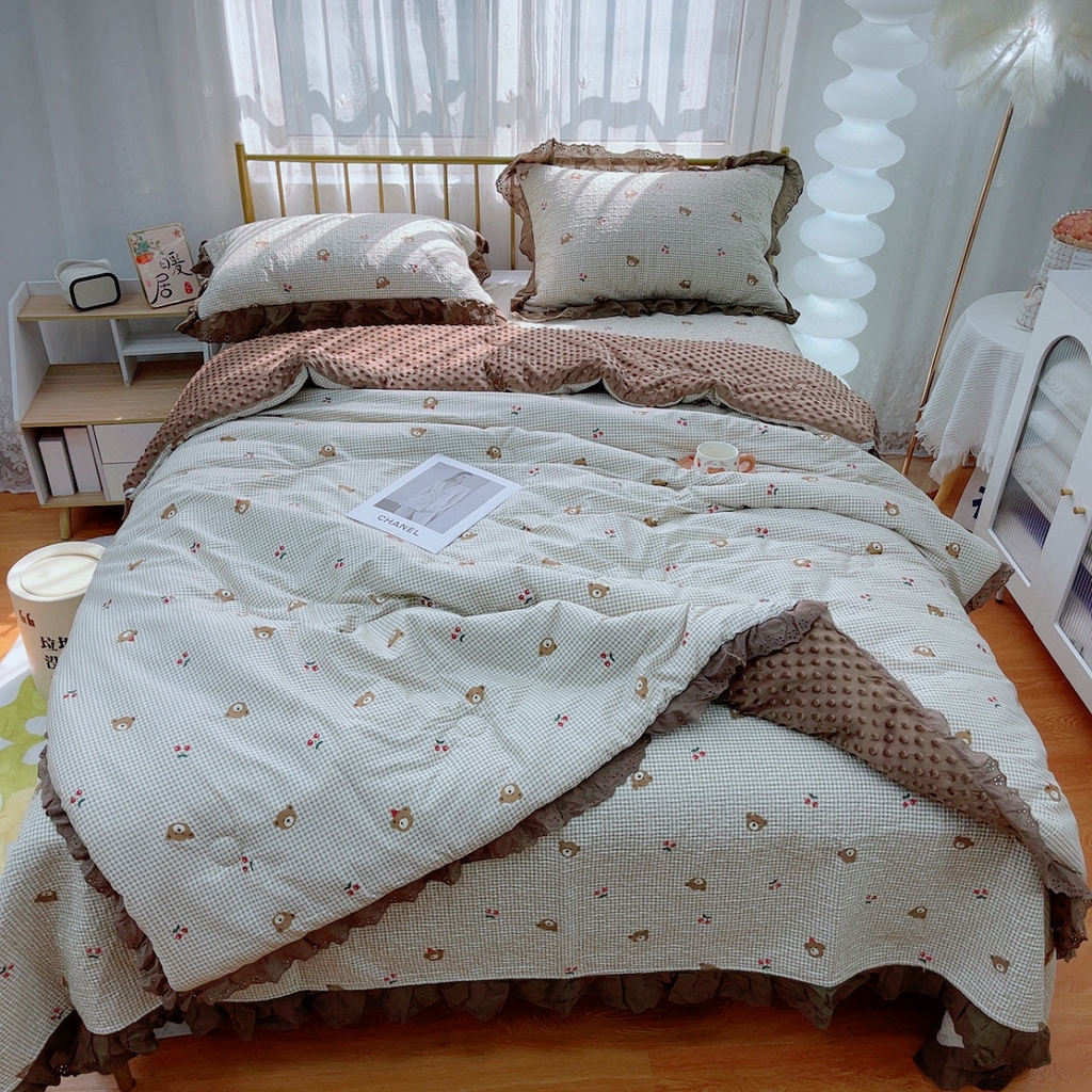 91家纺网 家纺一手货源 找家纺 暖居 2024暖居韩版纯棉豆豆被高温砂洗床盖四件套同款全棉被套熊头格子