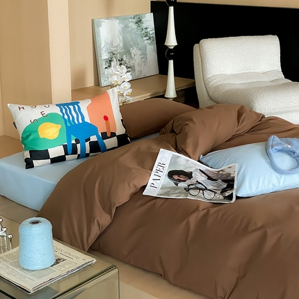 圆岛家纺 2024秋冬新款纯色孟菲斯博主风时尚全棉磨毛五件套 深咖拼圣迪蓝