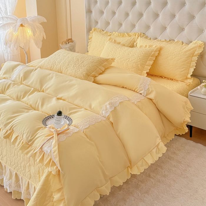 91家纺网 家纺一手货源 找家纺 金米诺 2024新款水洗磨毛床盖四件套 奶黄