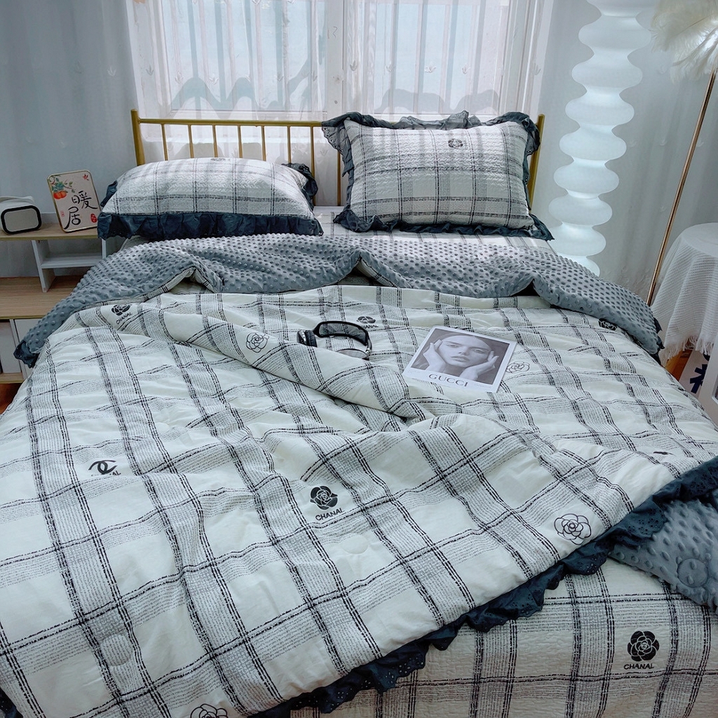 91家纺网 家纺一手货源 找家纺 暖居 2024暖居韩版纯棉豆豆被高温砂洗床盖四件套同款全棉被套小香格子