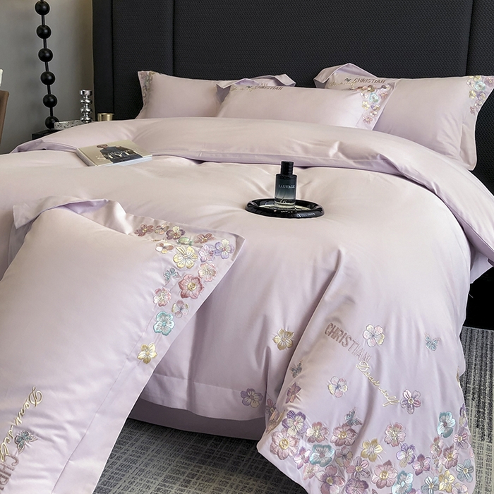 91家纺网 家纺一手货源 找家纺 丞音 2024新款A类超细旦长绒棉加厚超柔磨毛四件套-花瑾系列 花瑾-木槿紫