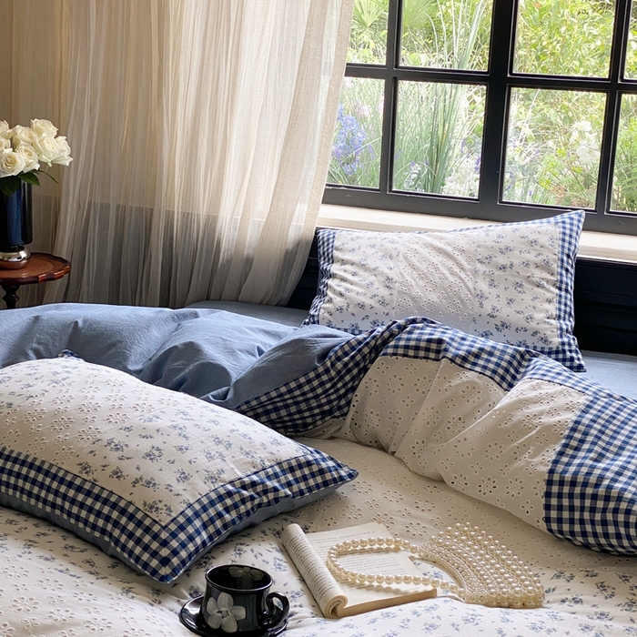 91家纺网 家纺一手货源 找家纺 旷野 2023新款水洗棉-微甜小柏丽四件套 实拍 莫奈蓝