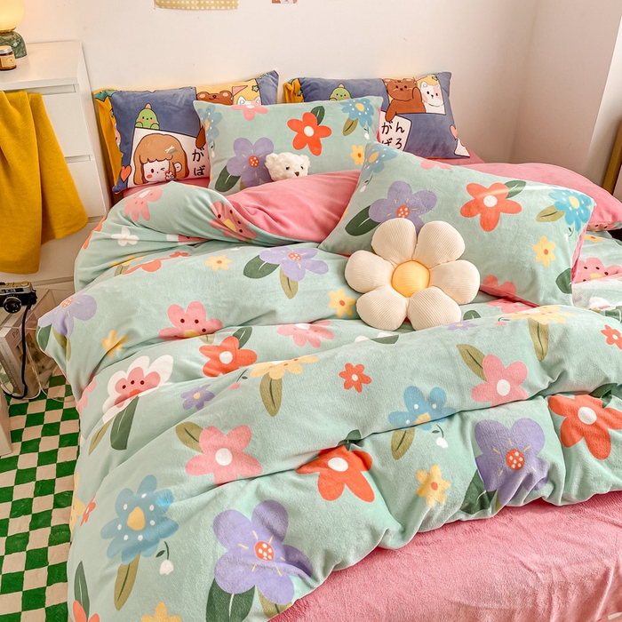 91家纺网 家纺一手货源 找家纺 西引力 2024新款加厚小清新牛奶绒四件套床单款床笠款单被套爆款 万紫千红