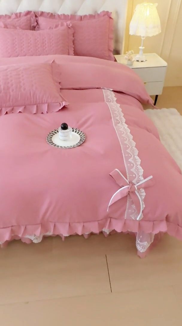 91家纺网 家纺一手货源 找家纺 金米诺 2024新款水洗磨毛床盖四件套 豆沙