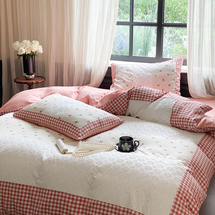 91家纺网 家纺一手货源 找家纺 旷野 2023新款水洗棉-微甜小柏丽四件套 实拍 奶昔粉