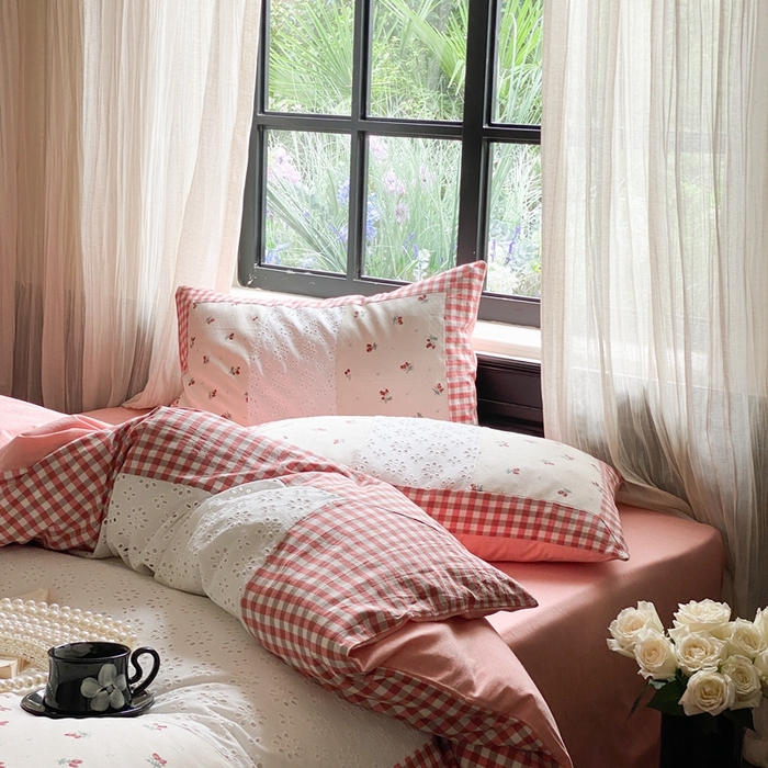 91家纺网 家纺一手货源 找家纺 旷野 2023新款水洗棉-微甜小柏丽四件套 实拍 奶昔粉