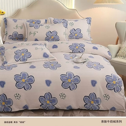优纤家纺 2024新款加厚保暖牛奶绒印花四件套 十里桃花-米黄