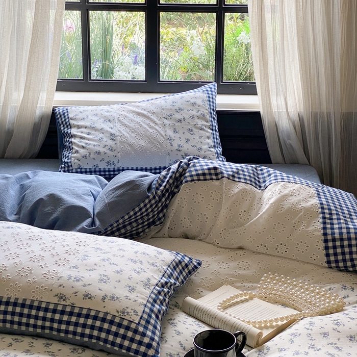 91家纺网 家纺一手货源 找家纺 旷野 2023新款水洗棉-微甜小柏丽四件套 实拍 莫奈蓝