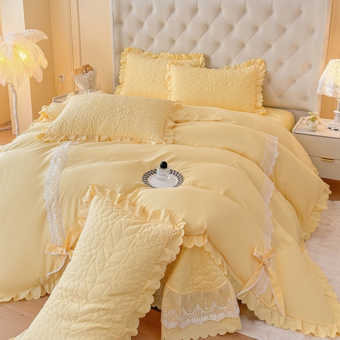 91家纺网 家纺一手货源 找家纺 金米诺 2024新款水洗磨毛床盖四件套 奶黄