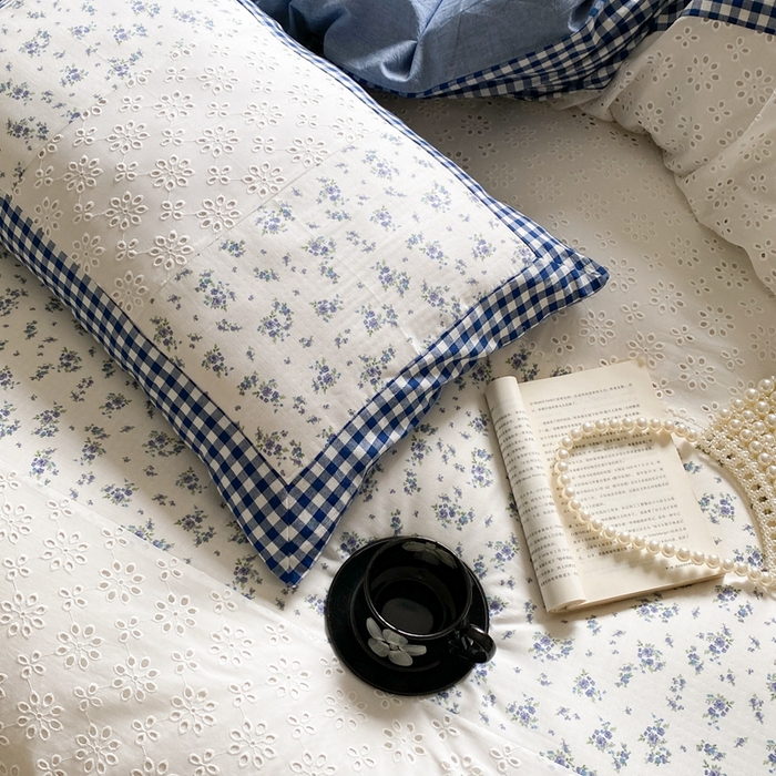 91家纺网 家纺一手货源 找家纺 旷野 2023新款水洗棉-微甜小柏丽四件套 棚拍 莫奈蓝