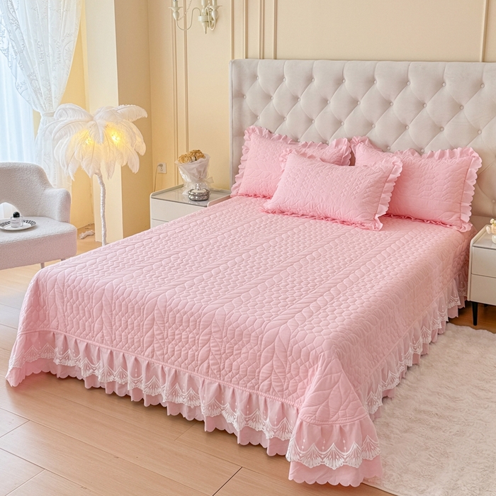 91家纺网 家纺一手货源 找家纺 金米诺 2024新款水洗磨毛床盖四件套 粉色