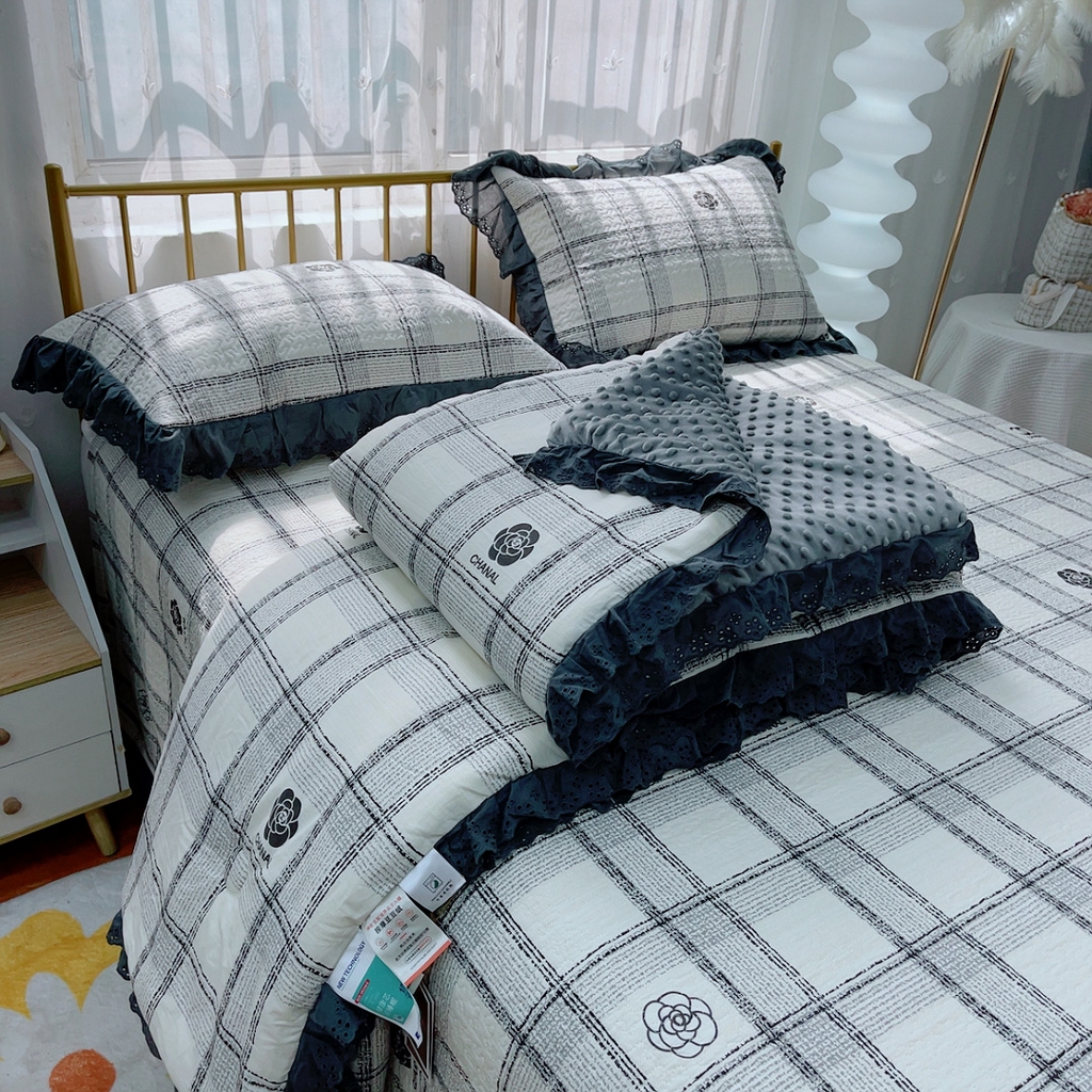 91家纺网 家纺一手货源 找家纺 暖居 2024暖居韩版纯棉豆豆被高温砂洗床盖四件套同款全棉被套小香格子