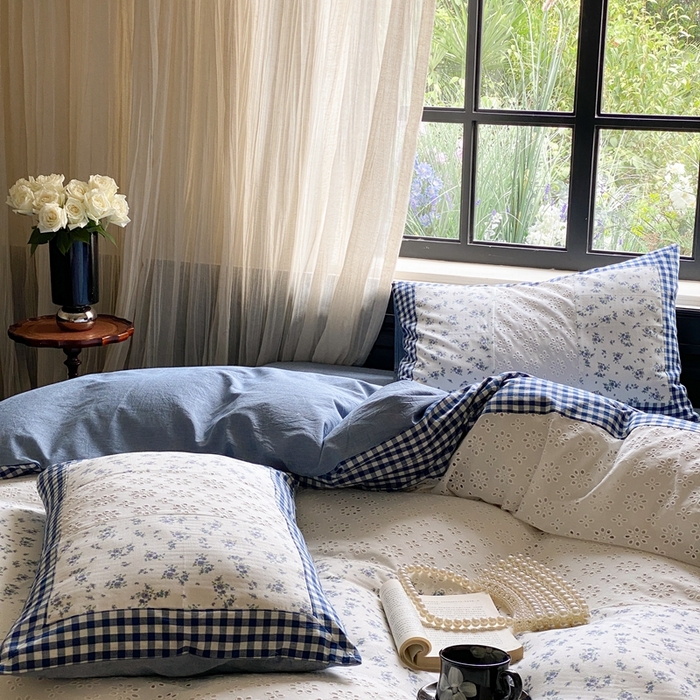 91家纺网 家纺一手货源 找家纺 旷野 2023新款水洗棉-微甜小柏丽四件套 实拍 莫奈蓝