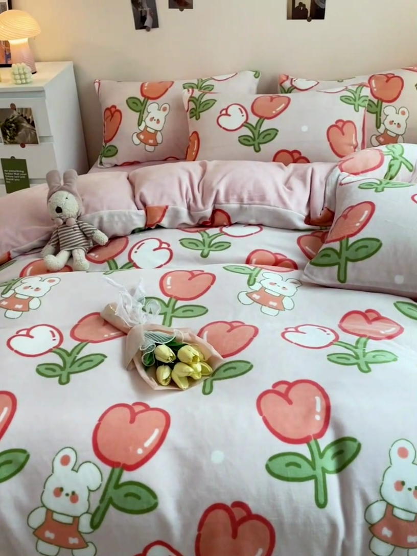 91家纺网 家纺一手货源 找家纺 西引力 2024新款加厚小清新牛奶绒四件套床单款床笠款单被套爆款 幸运兔