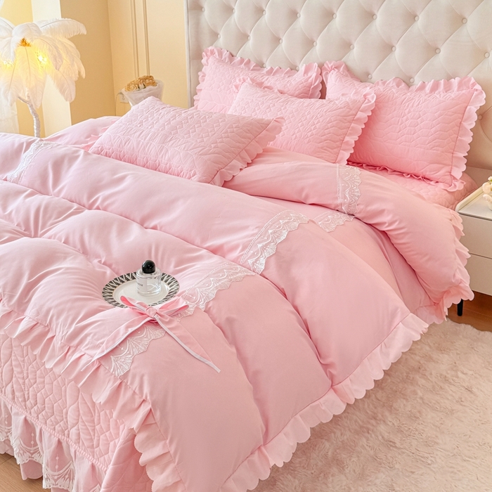 91家纺网 家纺一手货源 找家纺 金米诺 2024新款水洗磨毛床盖四件套 粉色