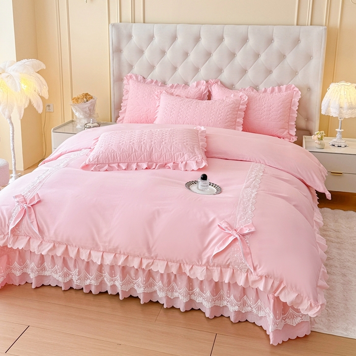 91家纺网 家纺一手货源 找家纺 金米诺 2024新款水洗磨毛床盖四件套 粉色