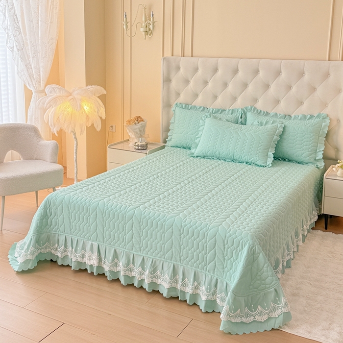 91家纺网 家纺一手货源 找家纺 金米诺 2024新款水洗磨毛床盖四件套 浅绿