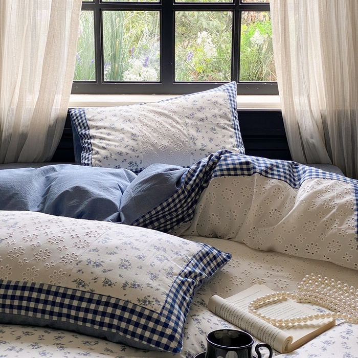 91家纺网 家纺一手货源 找家纺 旷野 2023新款水洗棉-微甜小柏丽四件套 棚拍 莫奈蓝