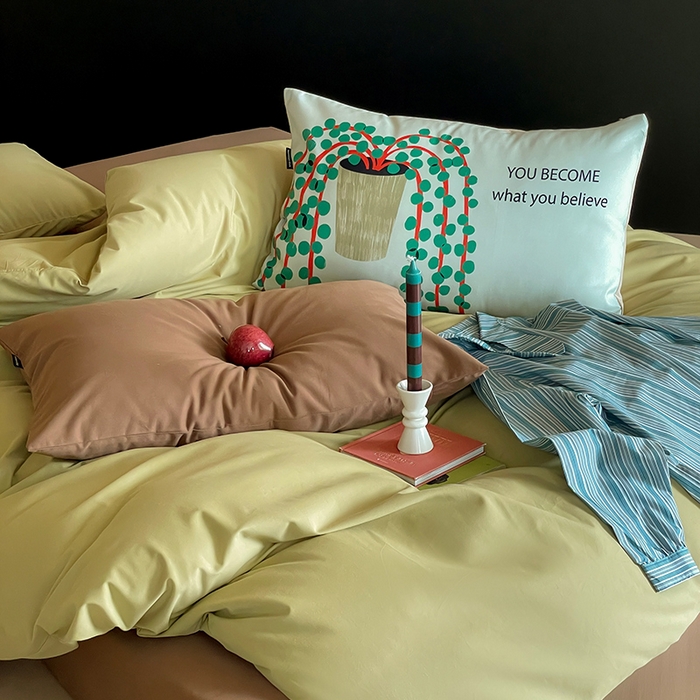 91家纺网 家纺一手货源 找家纺 圆岛家纺 2024秋冬新款纯色孟菲斯博主风时尚全棉磨毛五件套 尼罗绿拼深咖