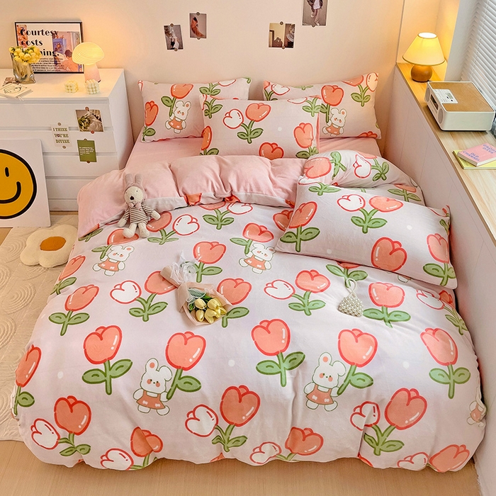 91家纺网 家纺一手货源 找家纺 西引力 2024新款加厚小清新牛奶绒四件套床单款床笠款单被套爆款 幸运兔