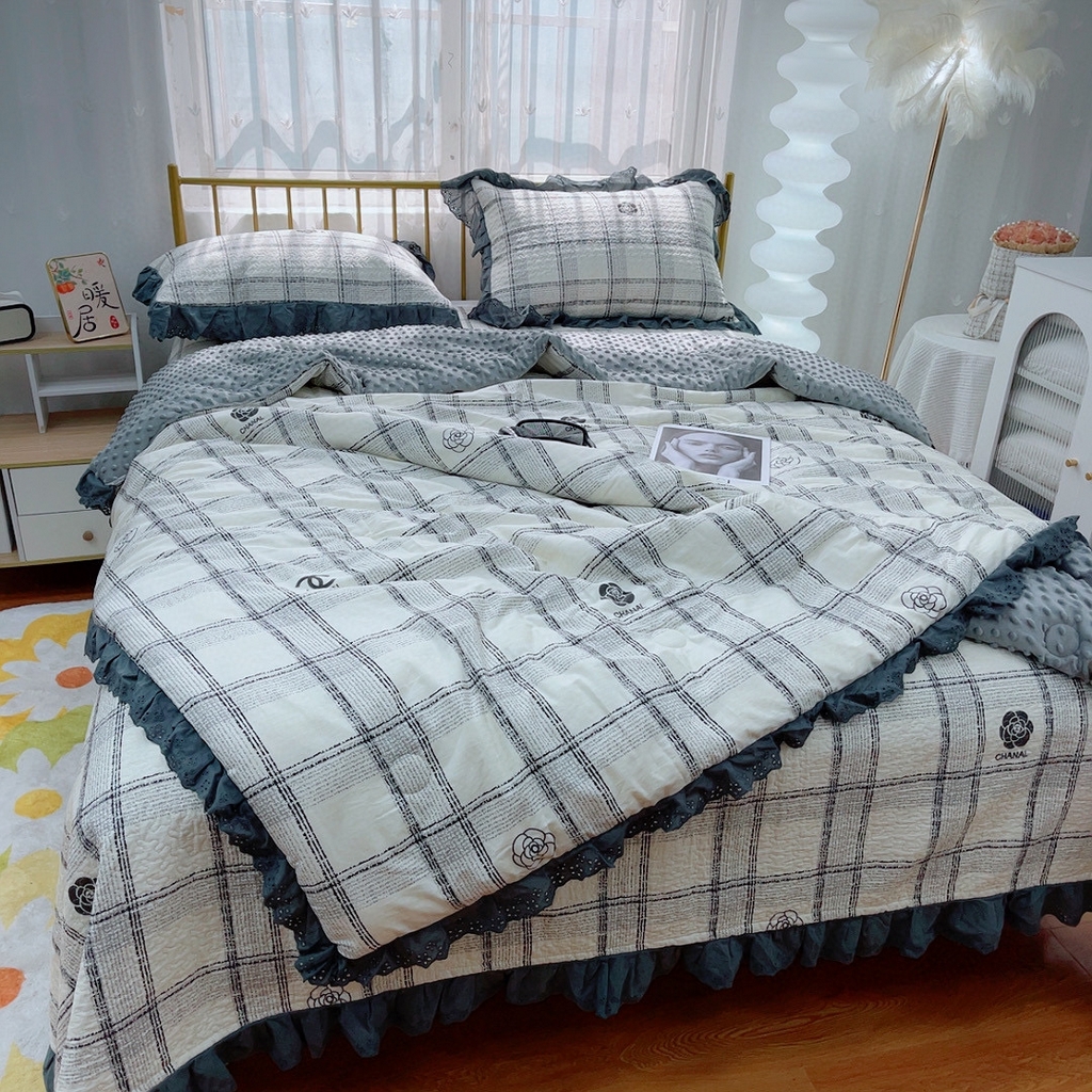 91家纺网 家纺一手货源 找家纺 暖居 2024暖居韩版纯棉豆豆被高温砂洗床盖四件套同款全棉被套小香格子