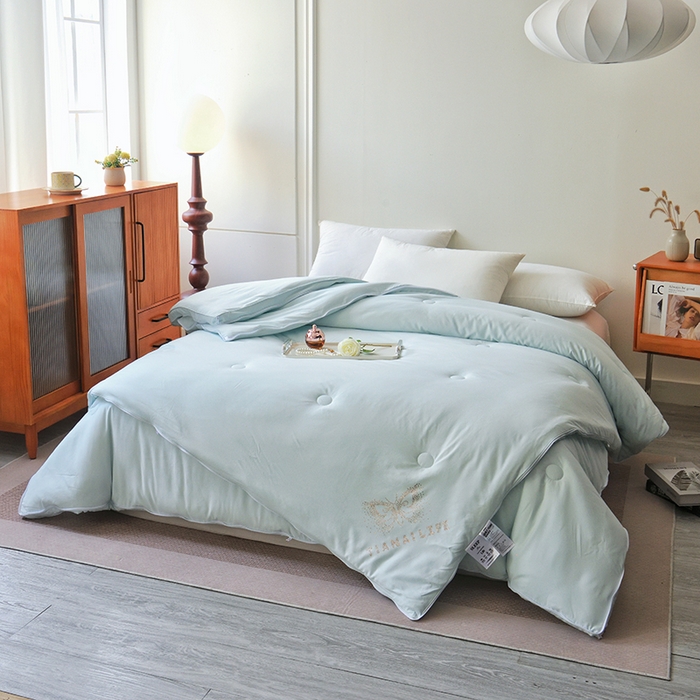 91家纺网 家纺一手货源 找家纺 德芙家纺 2024新款德芙双胎被被拉链款暖绒提花二合一子母被被子被芯 椰奶蓝