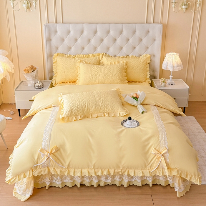 91家纺网 家纺一手货源 找家纺 金米诺 2024新款水洗磨毛床盖四件套 奶黄