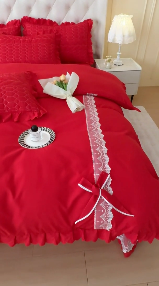 91家纺网 家纺一手货源 找家纺 金米诺 2024新款水洗磨毛床盖四件套 大红