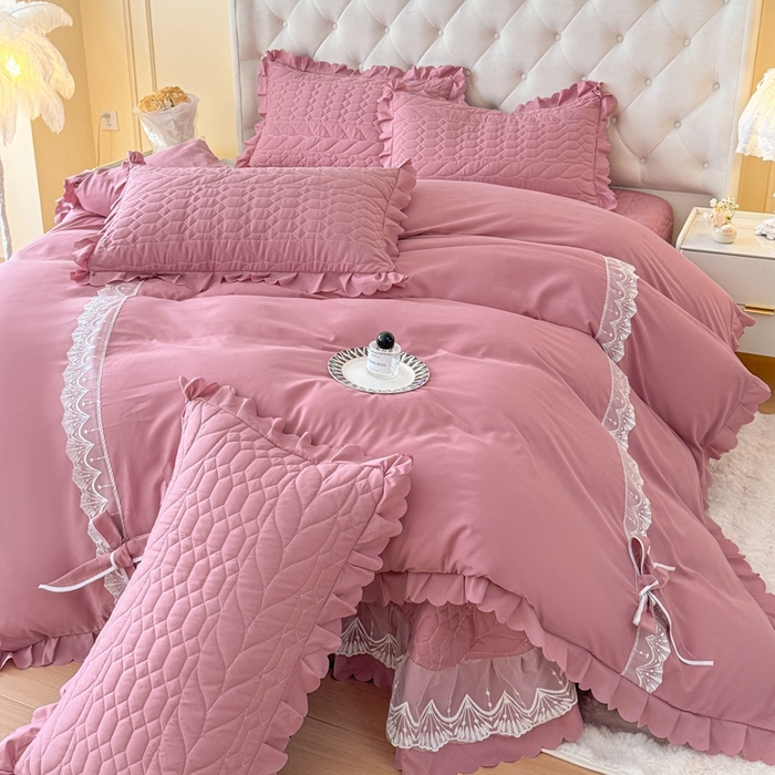 91家纺网 家纺一手货源 找家纺 金米诺 2024新款水洗磨毛床盖四件套 豆沙