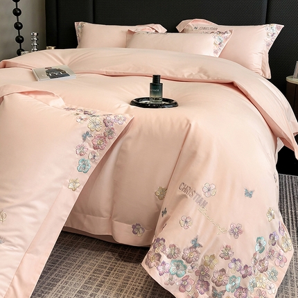 91家纺网 家纺一手货源 找家纺 丞音 2024新款A类超细旦长绒棉加厚超柔磨毛四件套-花瑾系列 花瑾-马卡龙粉