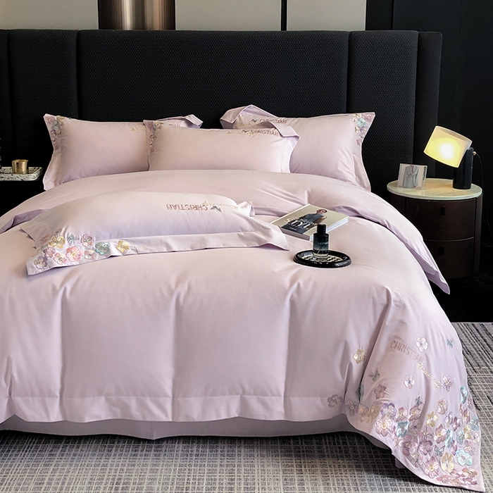 91家纺网 家纺一手货源 找家纺 丞音 2024新款A类超细旦长绒棉加厚超柔磨毛四件套-花瑾系列 花瑾-木槿紫