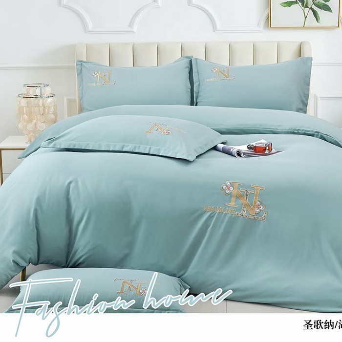 91家纺网 家纺一手货源 找家纺 优纤家纺 2024新款亲肤舒适绣花四件套-圣歌纳 圣歌纳-湖水绿