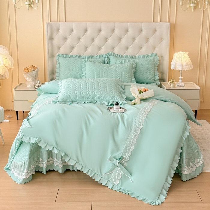 91家纺网 家纺一手货源 找家纺 金米诺 2024新款水洗磨毛床盖四件套 浅绿