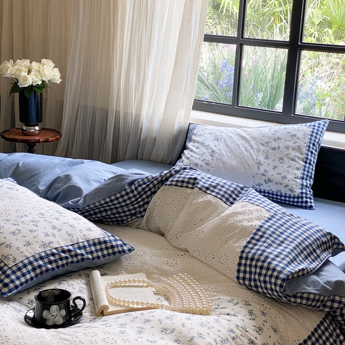 91家纺网 家纺一手货源 找家纺 旷野 2023新款水洗棉-微甜小柏丽四件套 棚拍 莫奈蓝