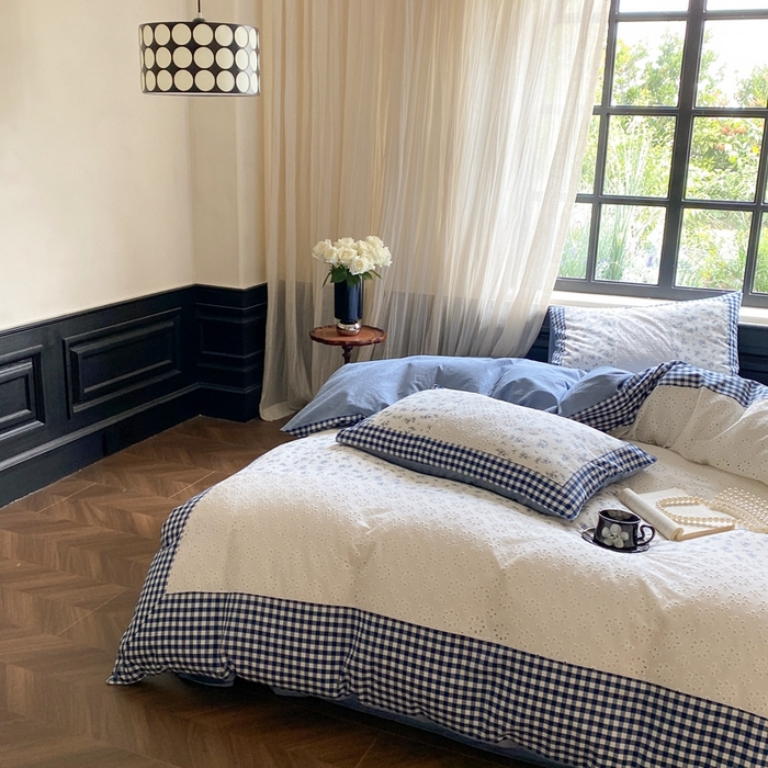 91家纺网 家纺一手货源 找家纺 旷野 2023新款水洗棉-微甜小柏丽四件套 实拍 莫奈蓝