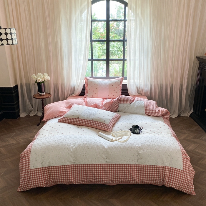 91家纺网 家纺一手货源 找家纺 旷野 2023新款水洗棉-微甜小柏丽四件套 实拍 奶昔粉