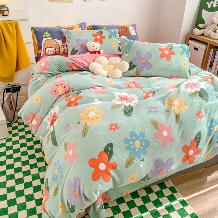 91家纺网 家纺一手货源 找家纺 西引力 2024新款加厚小清新牛奶绒四件套床单款床笠款单被套爆款 万紫千红