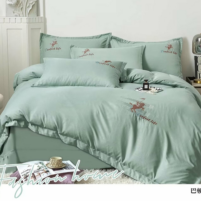 91家纺网 家纺一手货源 找家纺 优纤家纺 2024新款亲肤舒适绣花四件套-巴顿 巴顿-豆绿
