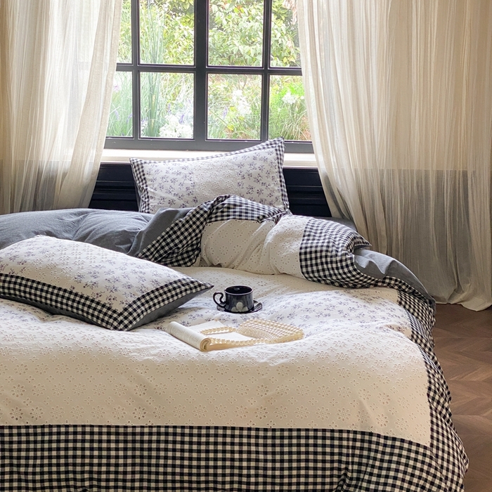 91家纺网 家纺一手货源 找家纺 旷野 2023新款水洗棉-微甜小柏丽四件套 实拍 经典黑