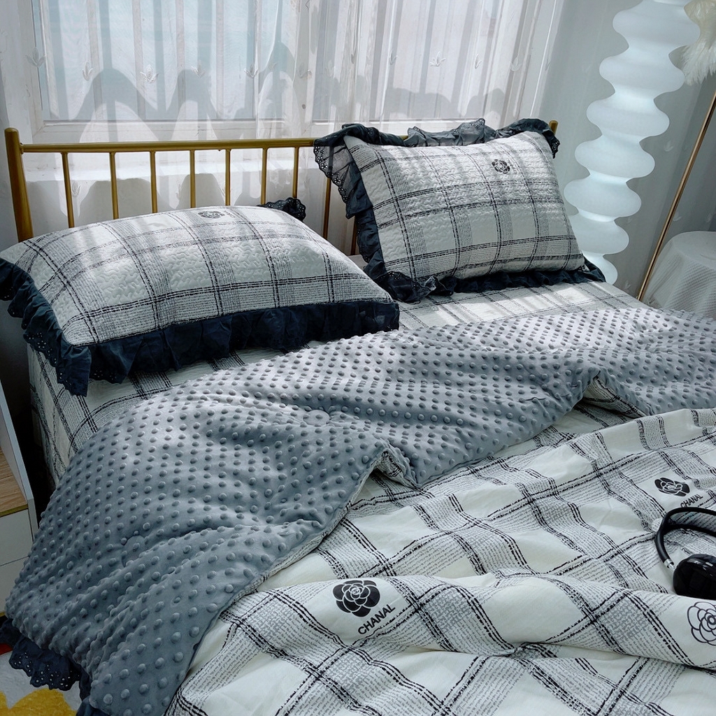 91家纺网 家纺一手货源 找家纺 暖居 2024暖居韩版纯棉豆豆被高温砂洗床盖四件套同款全棉被套小香格子