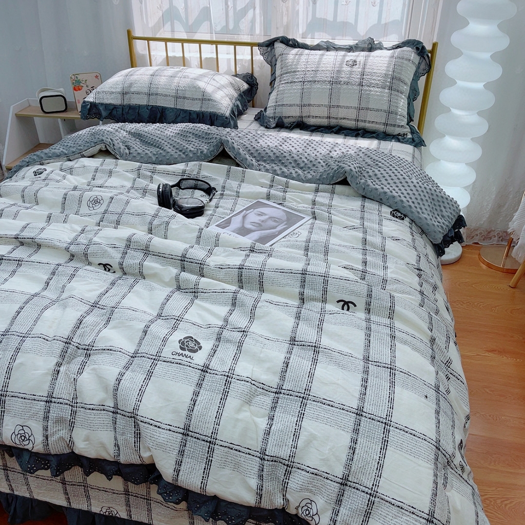 91家纺网 家纺一手货源 找家纺 暖居 2024暖居韩版纯棉豆豆被高温砂洗床盖四件套同款全棉被套小香格子