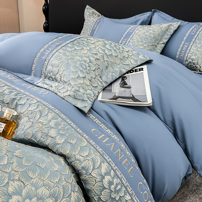 91家纺网 家纺一手货源 找家纺 （总）宅家居 2024芙蓉并蒂-新款轻奢拼接亲肤精梳棉磨毛浮雕刺绣四件套