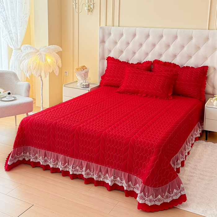 91家纺网 家纺一手货源 找家纺 金米诺 2024新款水洗磨毛床盖四件套 大红