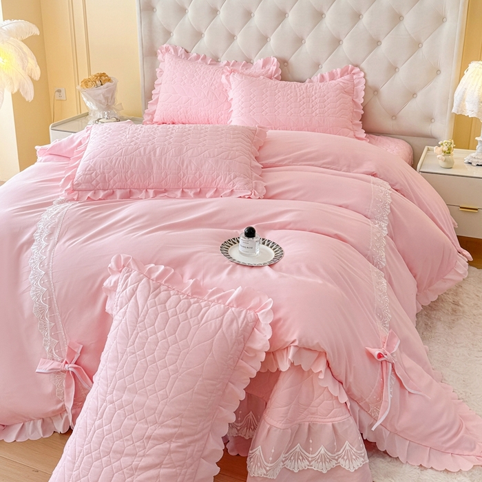 91家纺网 家纺一手货源 找家纺 金米诺 2024新款水洗磨毛床盖四件套 粉色