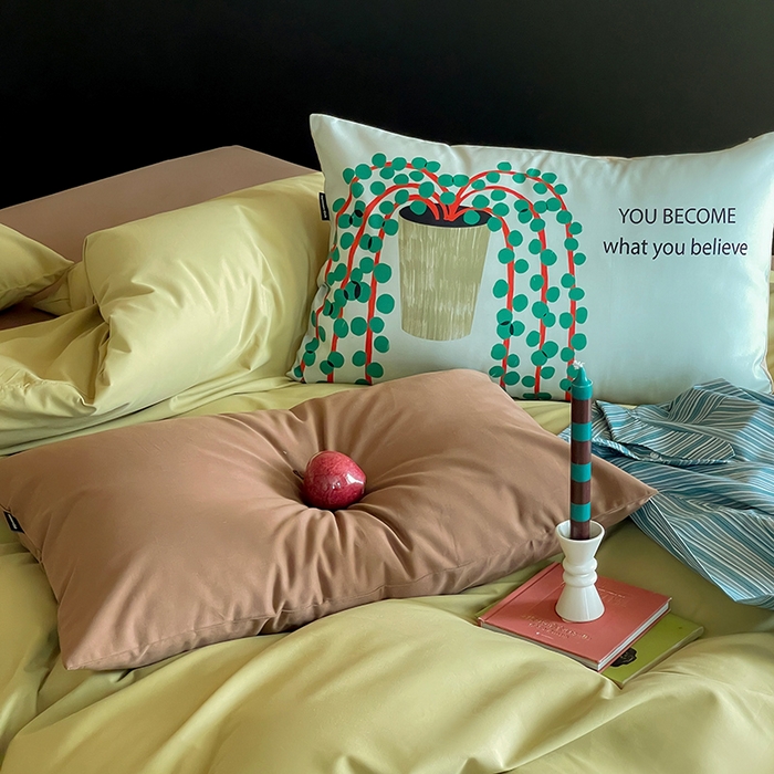 91家纺网 家纺一手货源 找家纺 圆岛家纺 2024秋冬新款纯色孟菲斯博主风时尚全棉磨毛五件套 尼罗绿拼深咖