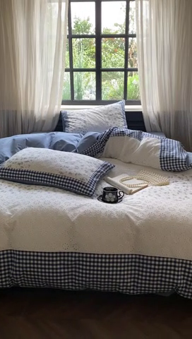 91家纺网 家纺一手货源 找家纺 旷野 2023新款水洗棉-微甜小柏丽四件套 棚拍 莫奈蓝