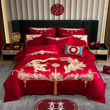 用心 2024年新款双面磨毛绣花婚庆四件套龙凤迎喜