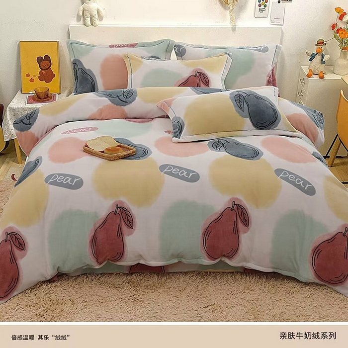 91家纺网 家纺一手货源 找家纺 优纤家纺 2024新款加厚保暖牛奶绒印花四件套 不梨不弃