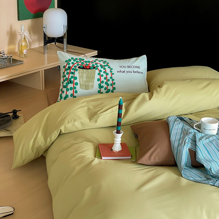 91家纺网 家纺一手货源 找家纺 圆岛家纺 2024秋冬新款纯色孟菲斯博主风时尚全棉磨毛五件套 尼罗绿拼深咖