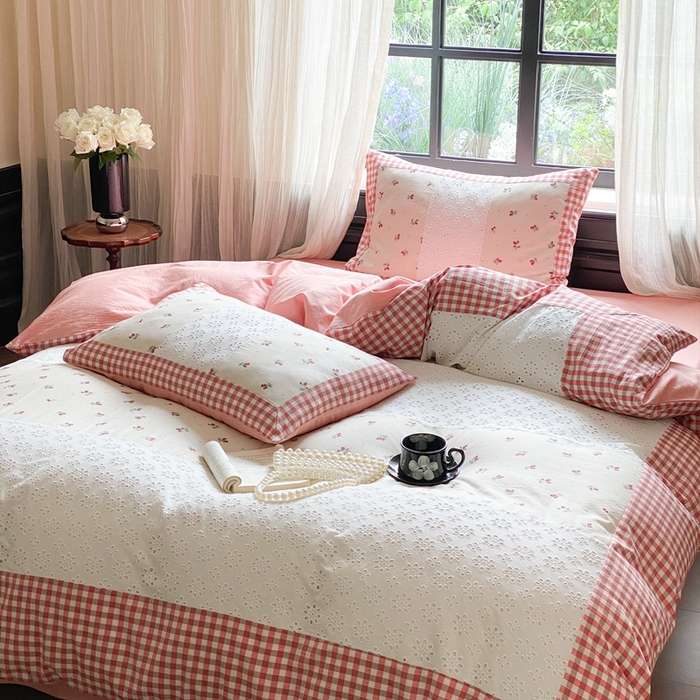 91家纺网 家纺一手货源 找家纺 旷野 2023新款水洗棉-微甜小柏丽四件套 实拍 奶昔粉